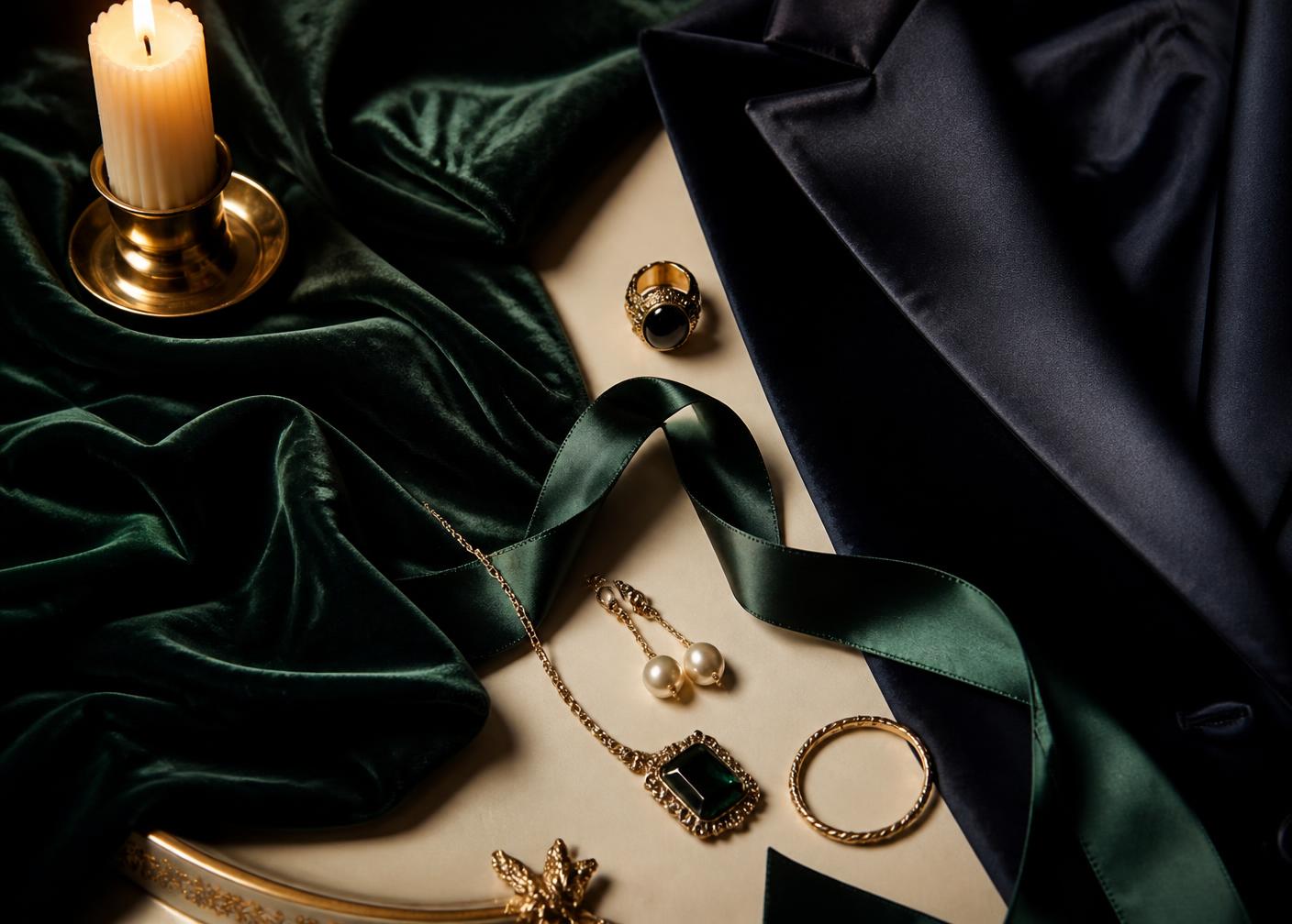 Emerald velvet, midnight satin, and gold jewelry arranged by candlelight