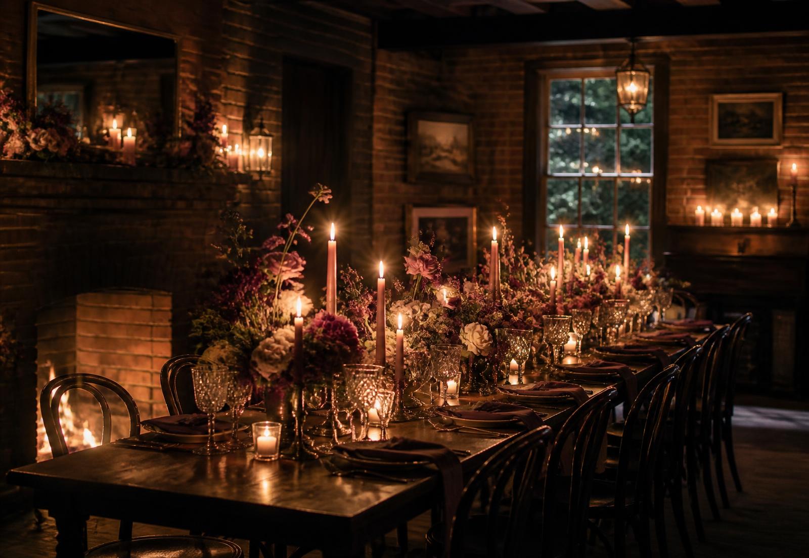 Candlelit dining room with brick fireplace and a long table set with florals